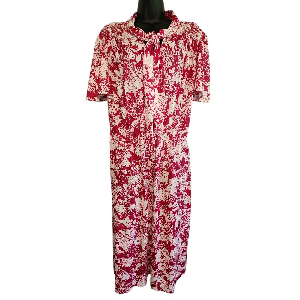 VINTAGE 70s midi dress dark pink and white abstract dots size 20.5